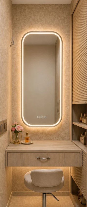 Completed dressing table with illuminated mirror and custom storage
