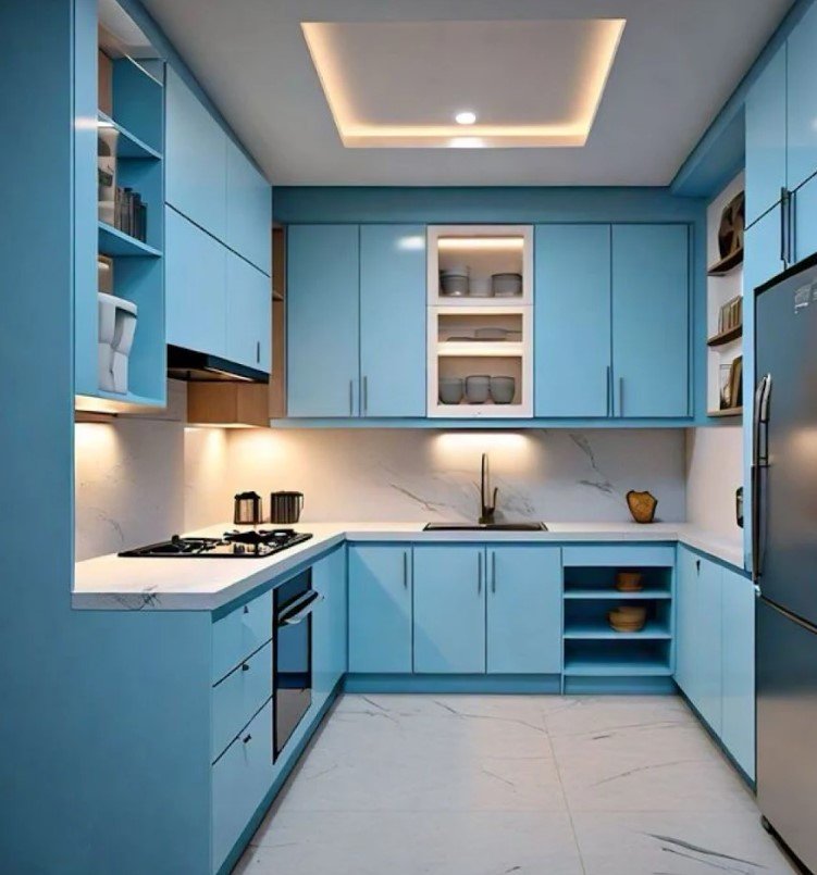 Completed blue U-shaped modular kitchen with integrated storage